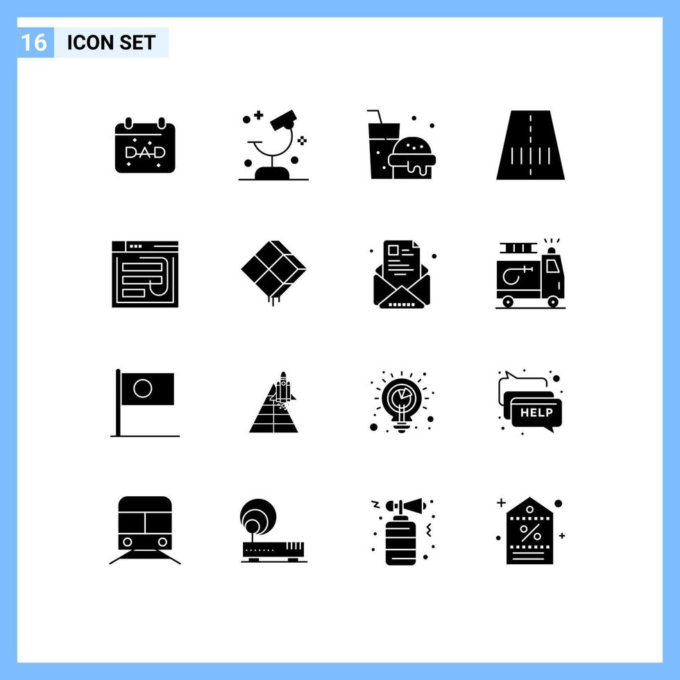 Group of 16 Solid Glyphs Signs and Symbols for internet email science transport road Editable Vector Design Elements