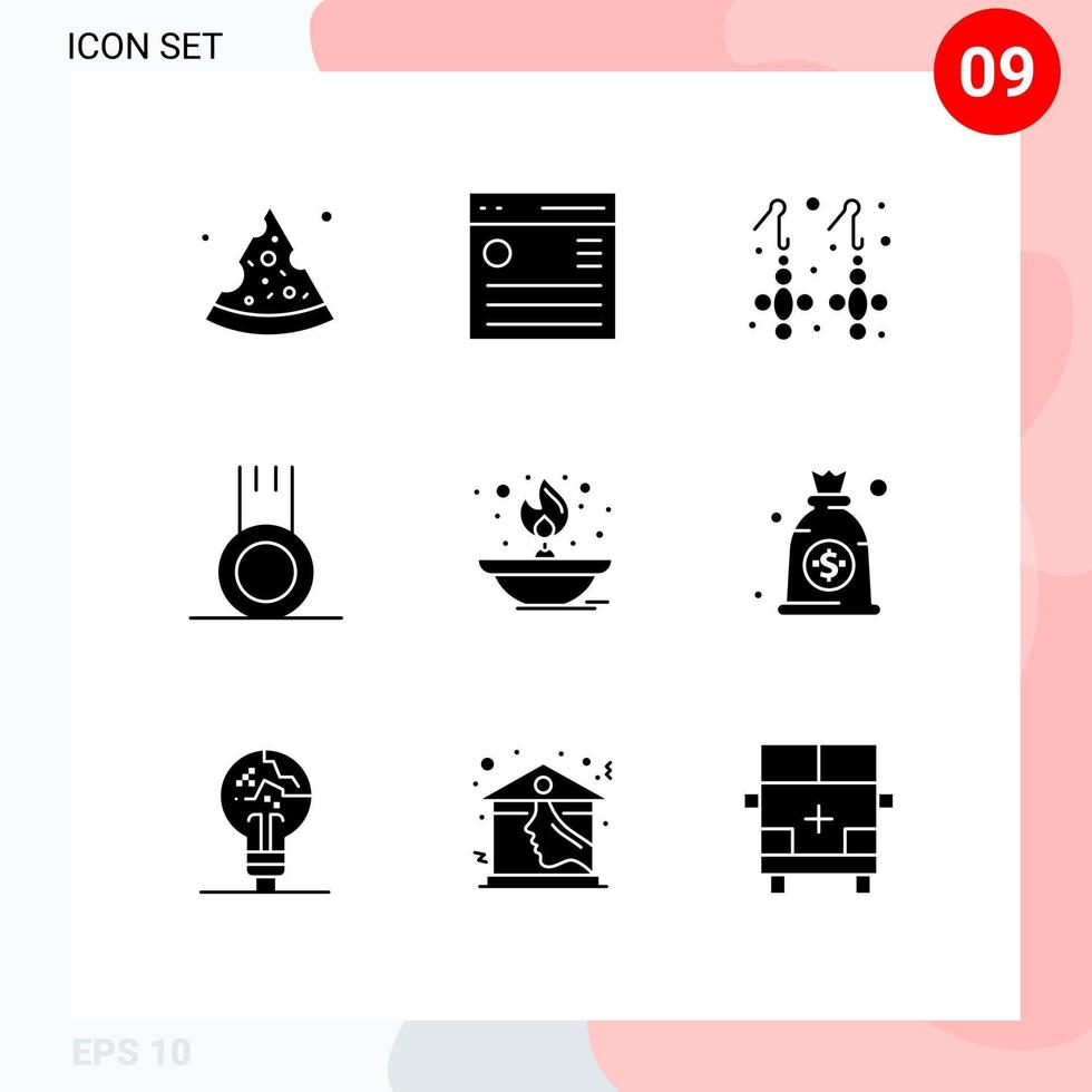 9 Solid Glyph concept for Websites Mobile and Apps fire sport earring gym exercise Editable Vector Design Elements
