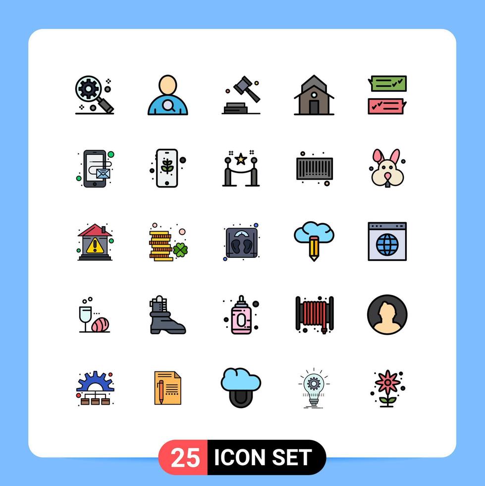 25 User Interface Filled line Flat Color Pack of modern Signs and Symbols of help chat digital tower house Editable Vector Design Elements