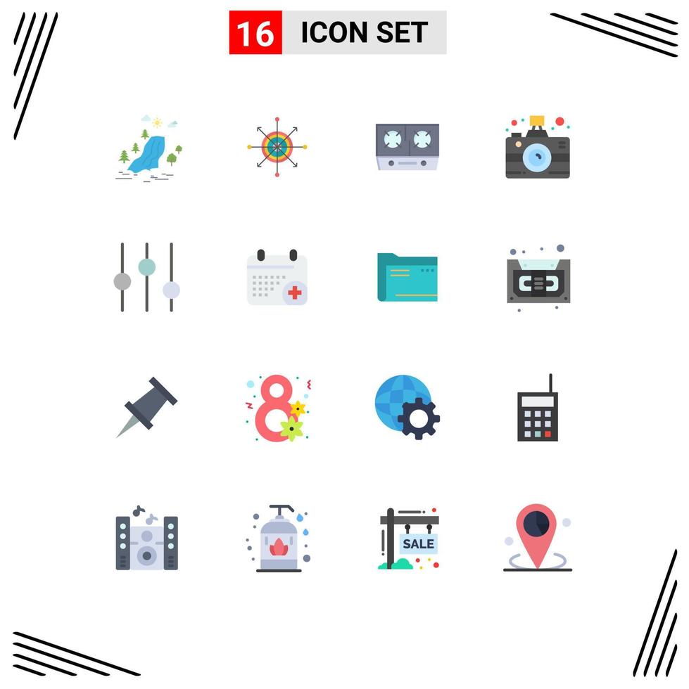 16 Universal Flat Color Signs Symbols of news communication arrow camera kitchen Editable Pack of Creative Vector Design Elements