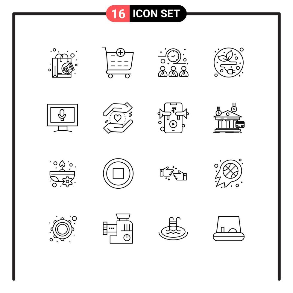 User Interface Pack of 16 Basic Outlines of business screen meeting time monitor electric plug Editable Vector Design Elements