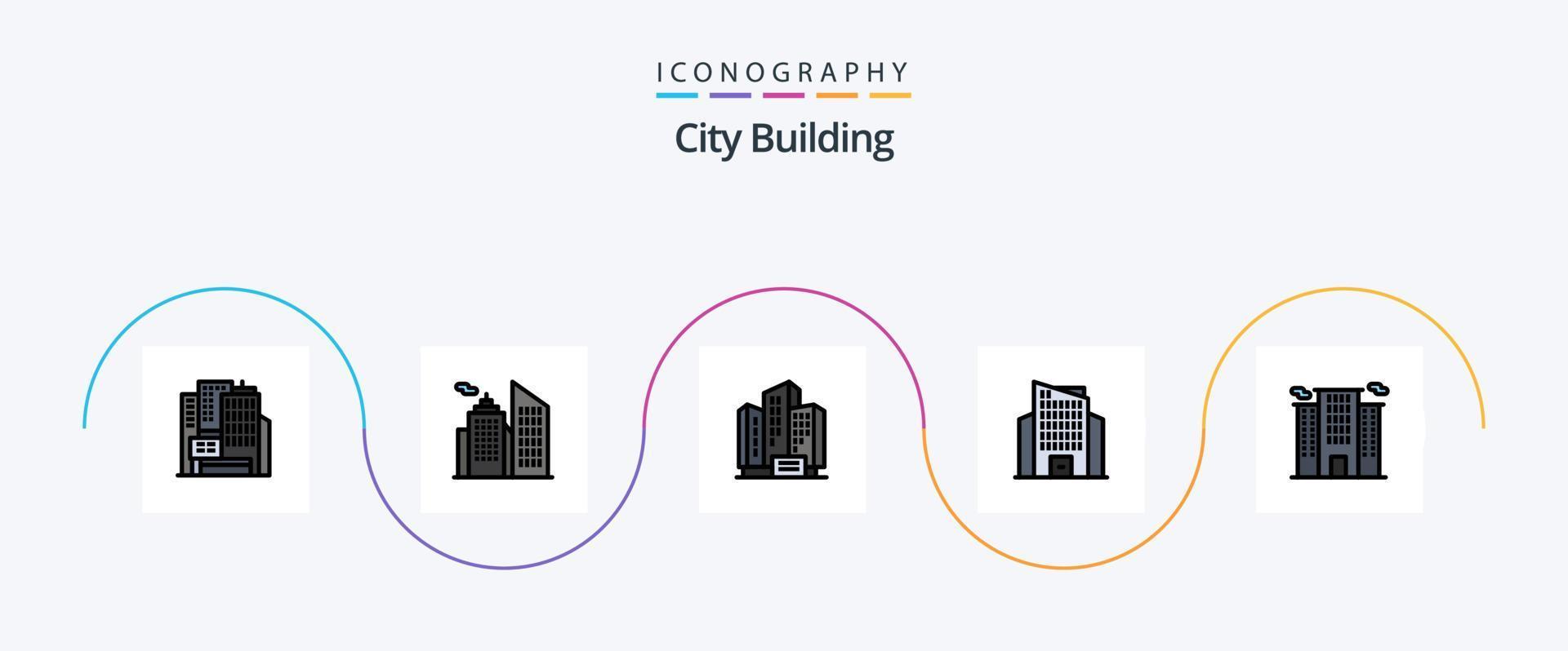 la línea de construcción de la ciudad llenó el paquete de iconos planos 5 que incluye. lugar. edificio. oficina. rascacielos vector