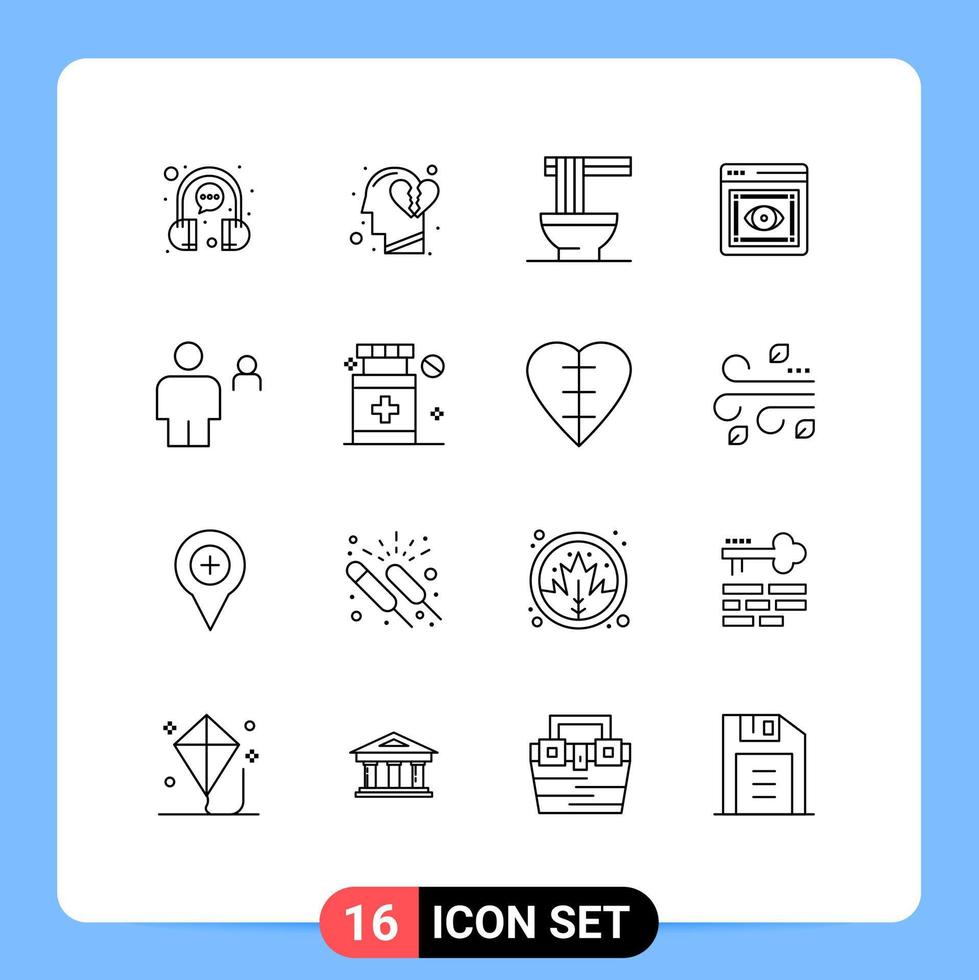 16 User Interface Outline Pack of modern Signs and Symbols of avatar visibility break heart retina ramen Editable Vector Design Elements