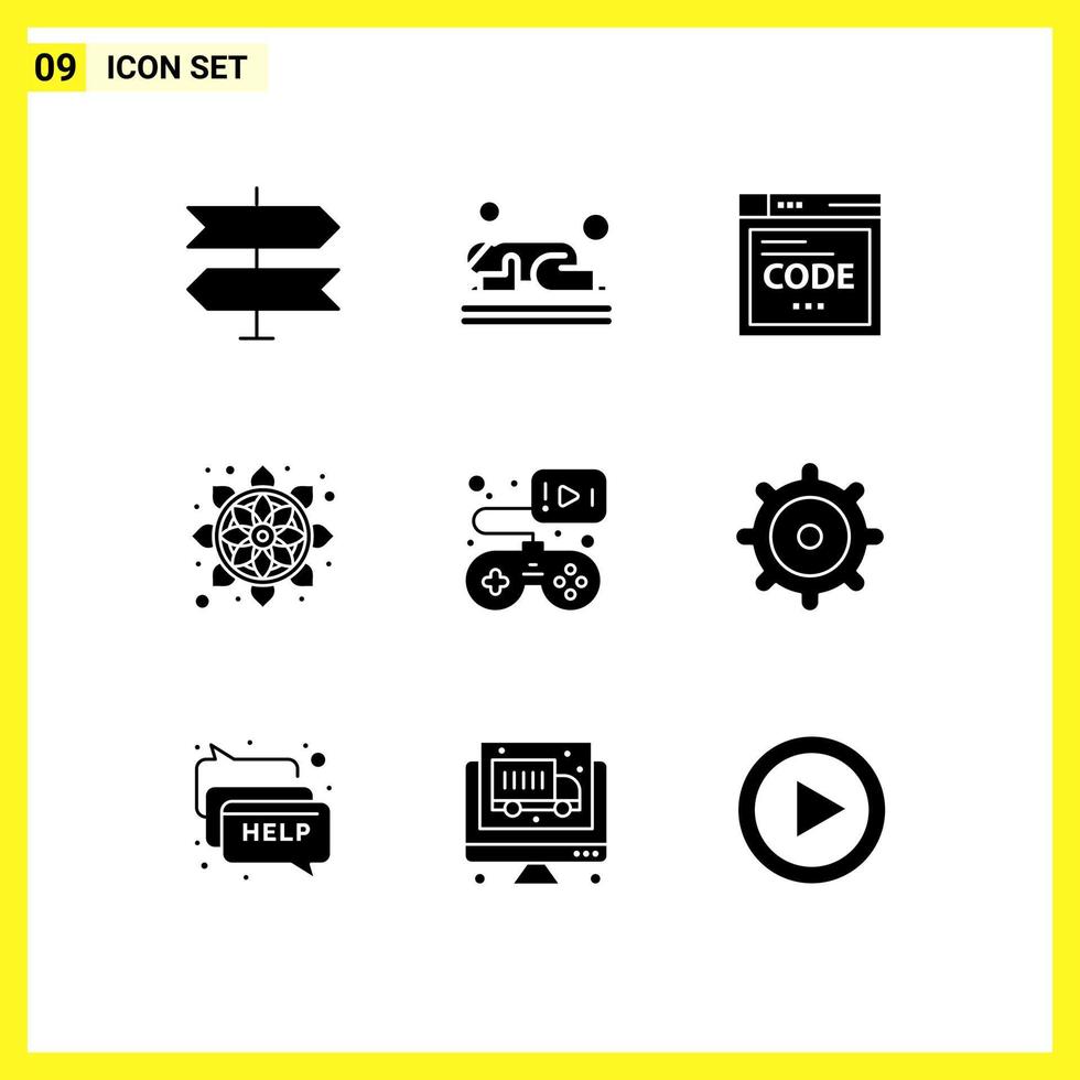 9 User Interface Solid Glyph Pack of modern Signs and Symbols of game rangoli browser pattern flower Editable Vector Design Elements