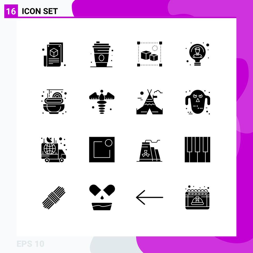 16 Thematic Vector Solid Glyphs and Editable Symbols of food person design light bulb Editable Vector Design Elements