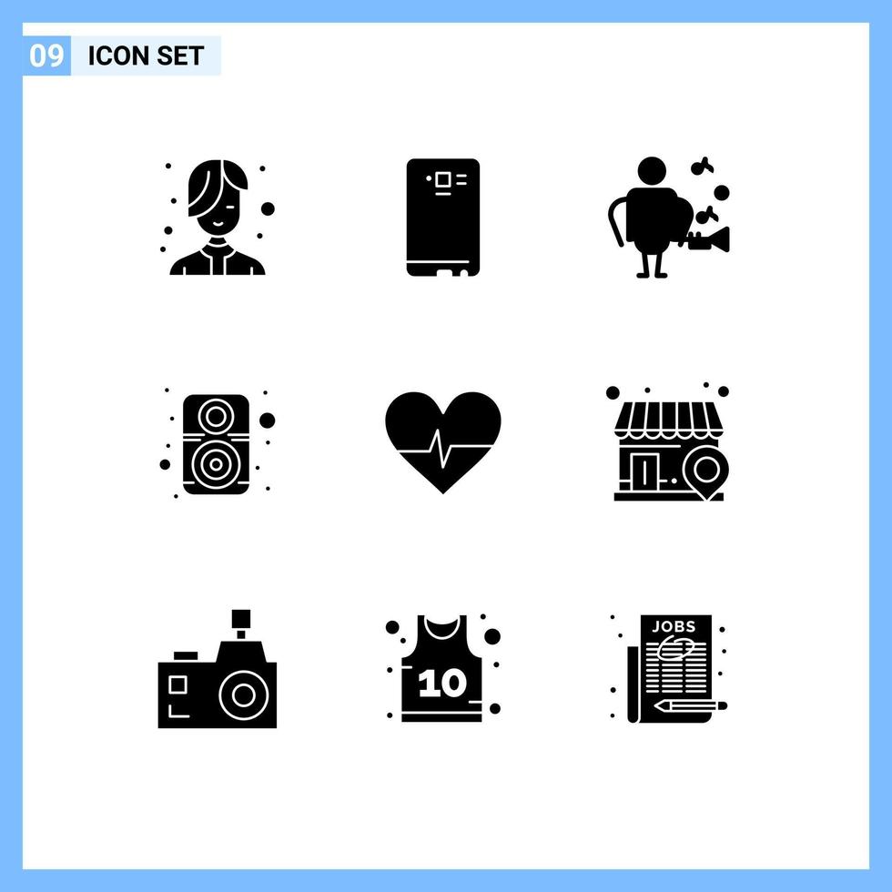 Mobile Interface Solid Glyph Set of 9 Pictograms of heart speaker camera sound computer Editable Vector Design Elements