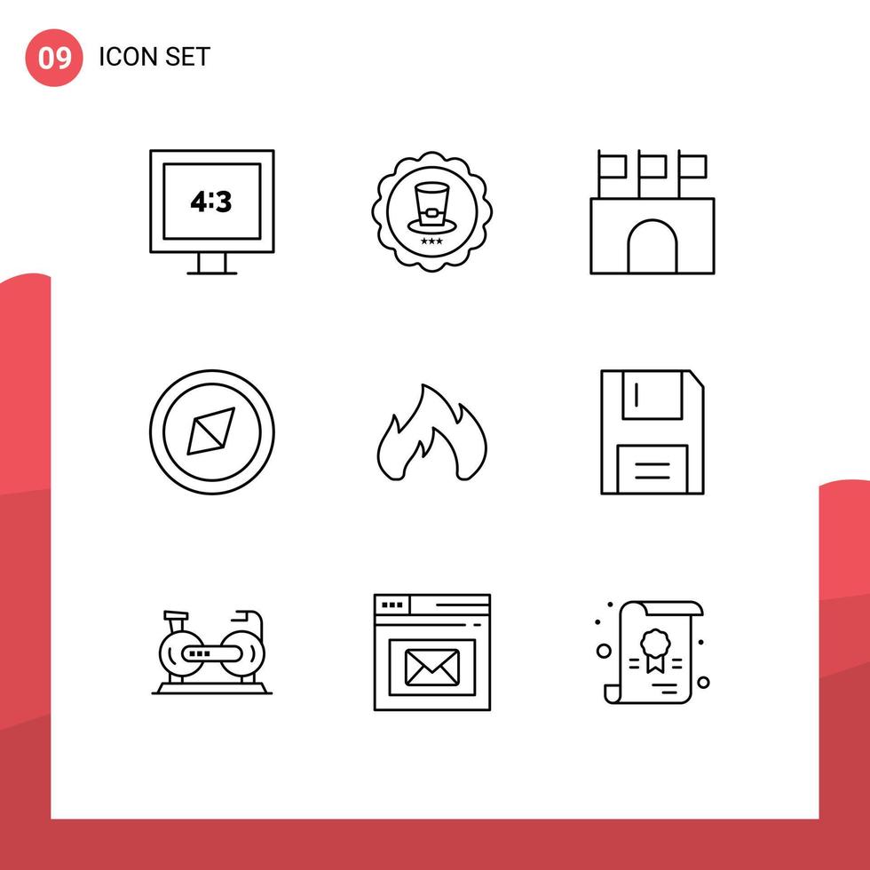 Group of 9 Modern Outlines Set for fire place fire flags symbol compass Editable Vector Design Elements