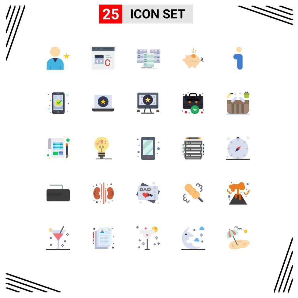 paquete de 25 signos y símbolos modernos de colores planos para medios de impresión web, como el desarrollo de una economía segura, base de datos de alcancías, elementos de diseño de vectores editables