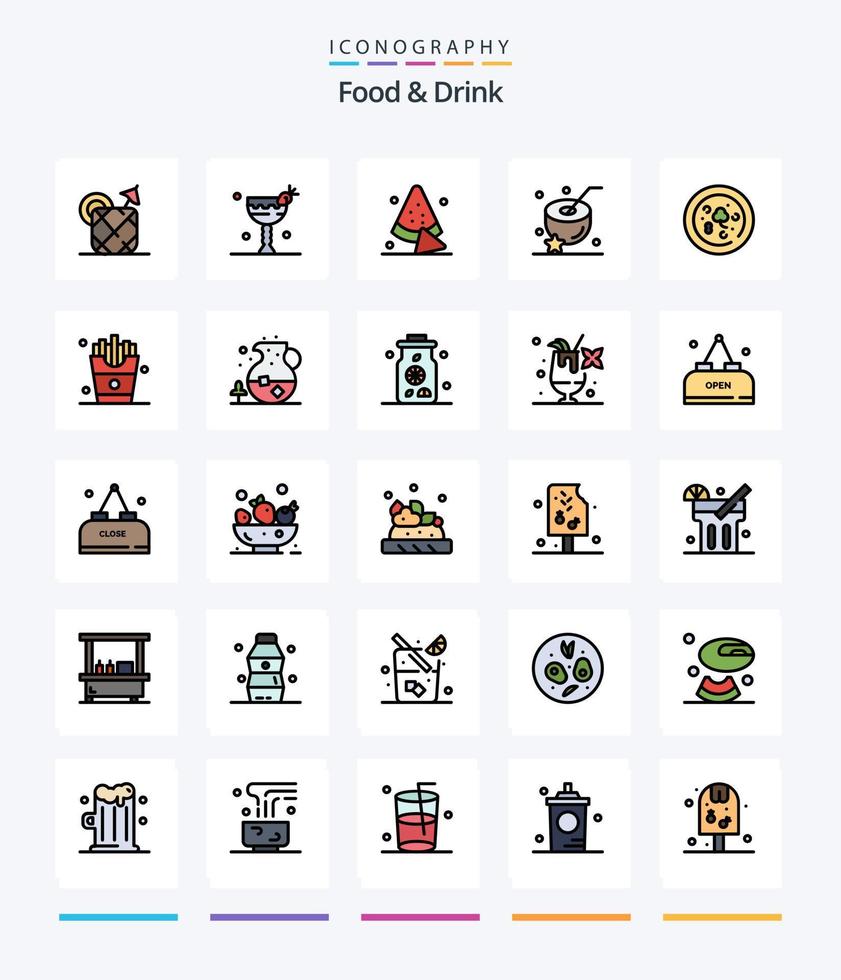 Creative Food And Drink 25 Line FIlled icon pack  Such As drink. water. eat. coconut. drink vector