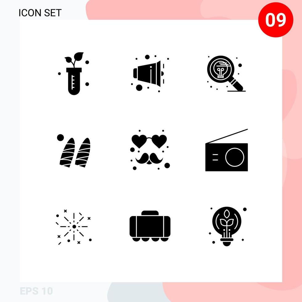 Modern Set of 9 Solid Glyphs Pictograph of heart water design surfing thinking Editable Vector Design Elements