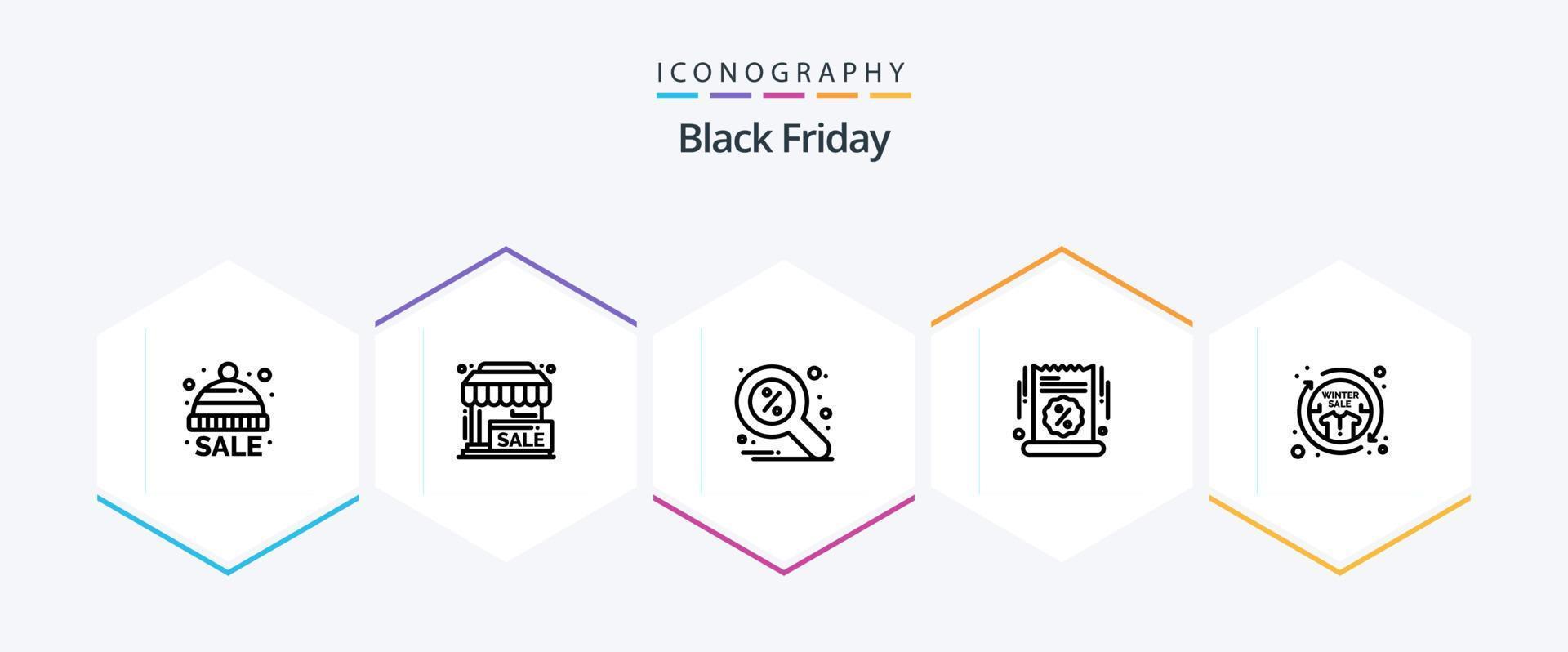 paquete de iconos de 25 líneas de viernes negro que incluye porcentaje. anuncio de venta lugar. gran venta buscar vector