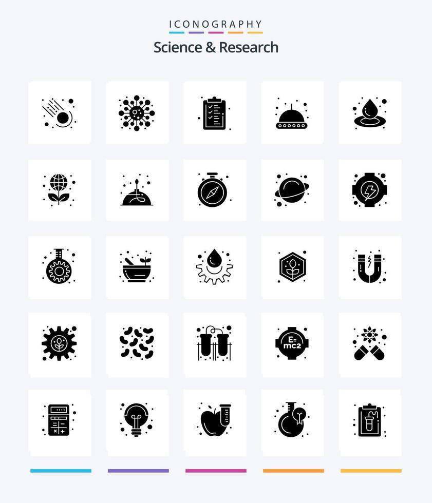 Paquete de iconos de ciencia creativa de 25 glifos en negro sólido, como la educación. líquido. Lista de Verificación. soltar. espacio vector