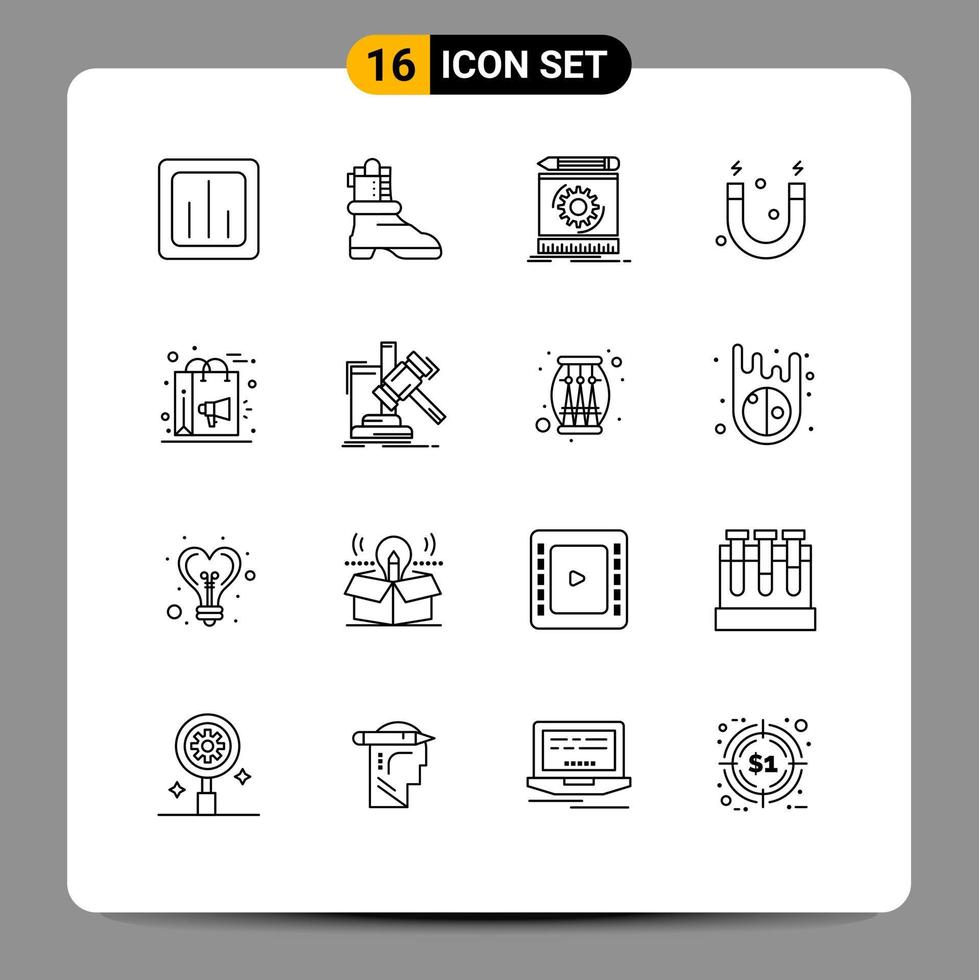 16 Universal Outline Signs Symbols of digital science draft magnet prototyping Editable Vector Design Elements