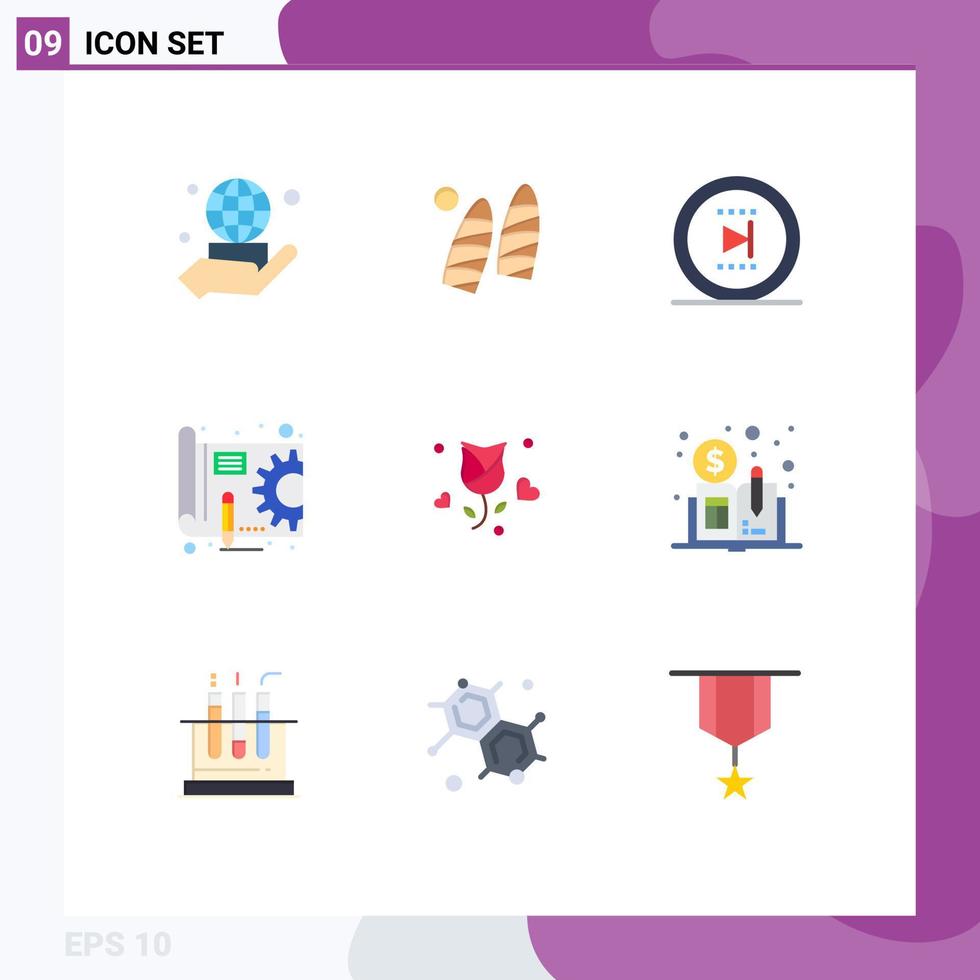 Modern Set of 9 Flat Colors Pictograph of flower gear movie pen blue print Editable Vector Design Elements