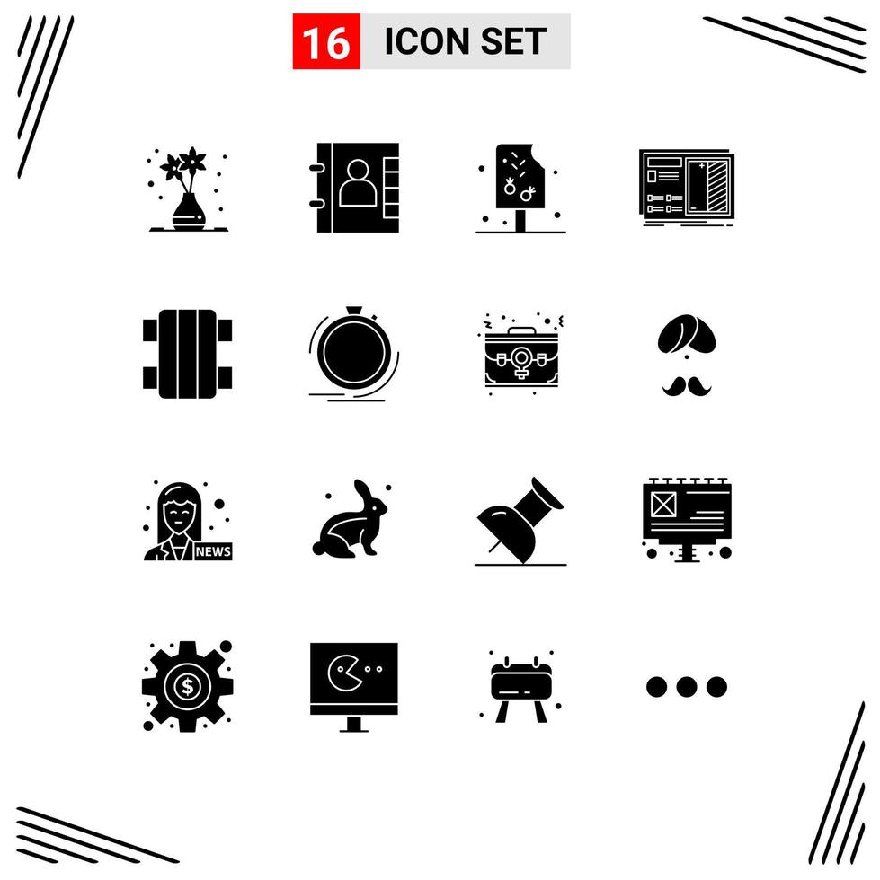 Pack of 16 Modern Solid Glyphs Signs and Symbols for Web Print Media such as game prototype cream plan design Editable Vector Design Elements