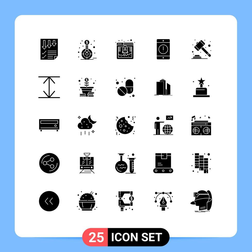 25 User Interface Solid Glyph Pack of modern Signs and Symbols of error cellphone goal alert fast Editable Vector Design Elements