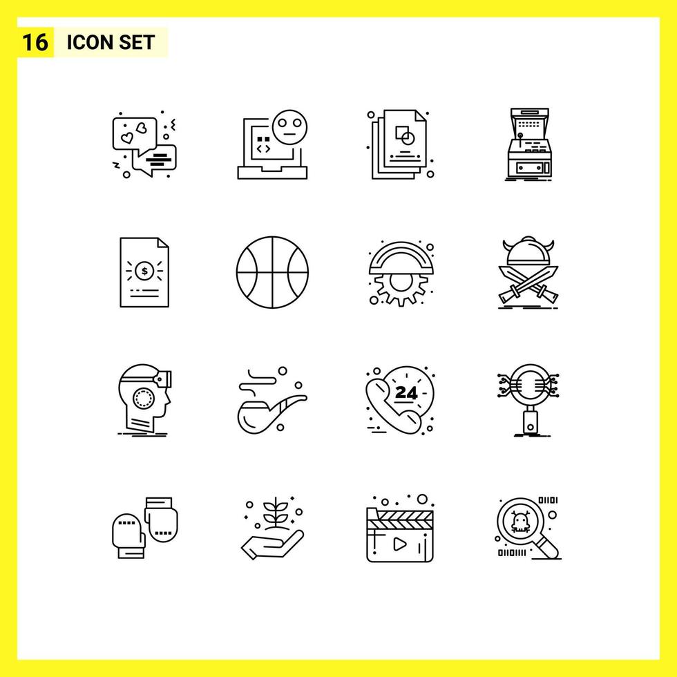 Pack of 16 Modern Outlines Signs and Symbols for Web Print Media such as banking machine sketch game arcade Editable Vector Design Elements