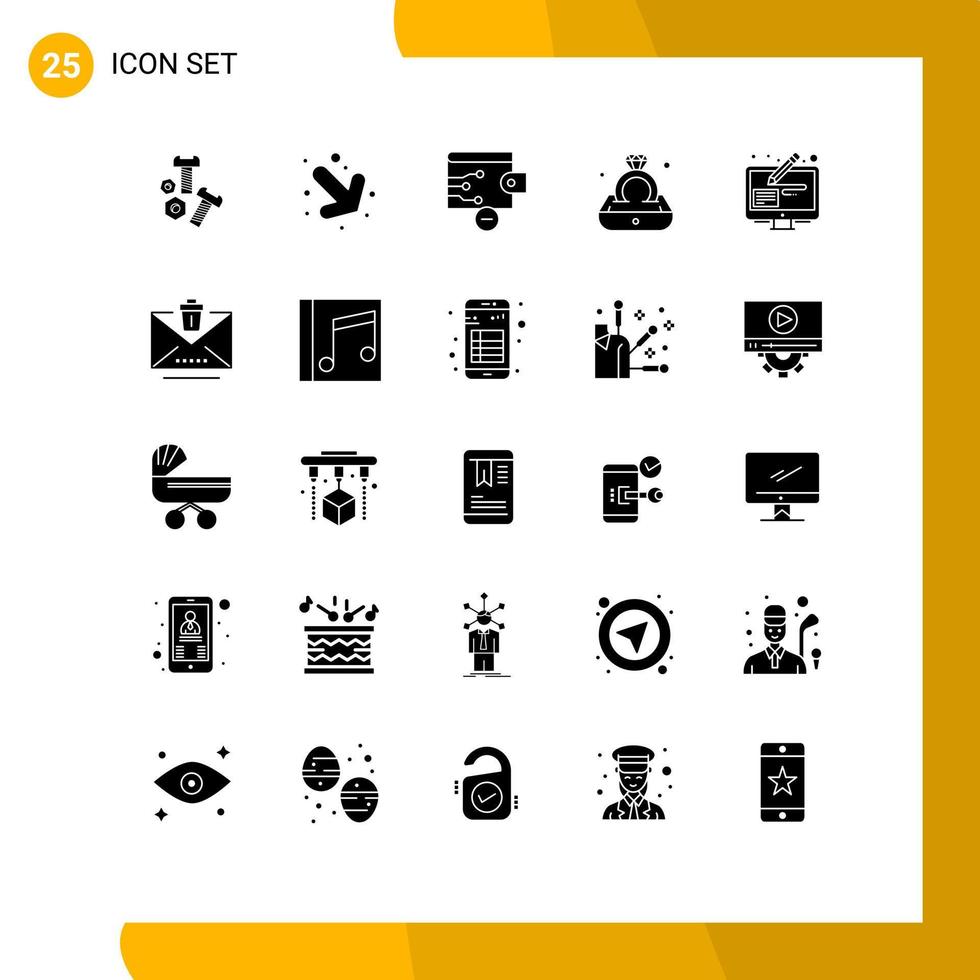 Modern Set of 25 Solid Glyphs Pictograph of pen edit remove design tools ring Editable Vector Design Elements