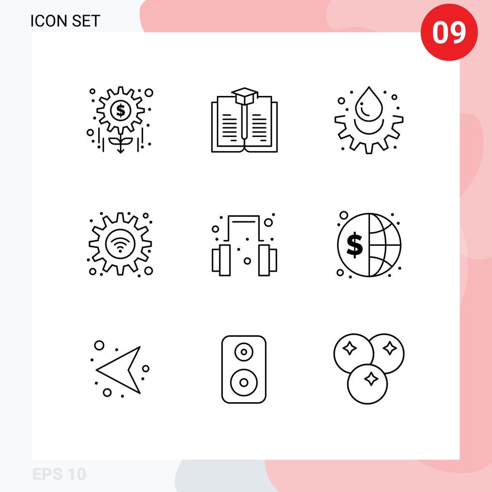 Editable Vector Line Pack of 9 Simple Outlines of support headset water wifi options Editable Vector Design Elements