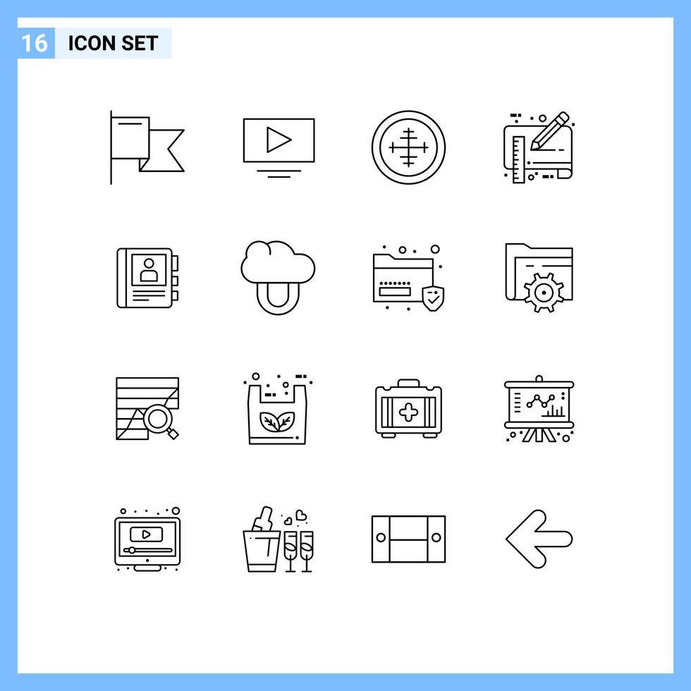 Pictogram Set of 16 Simple Outlines of book ruler military pencil document Editable Vector Design Elements