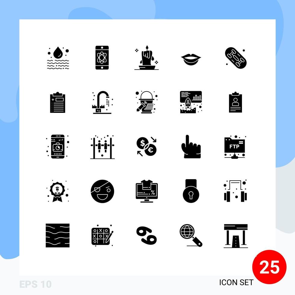 Set of 25 Vector Solid Glyphs on Grid for hobby skate burning light girl lantern Editable Vector Design Elements