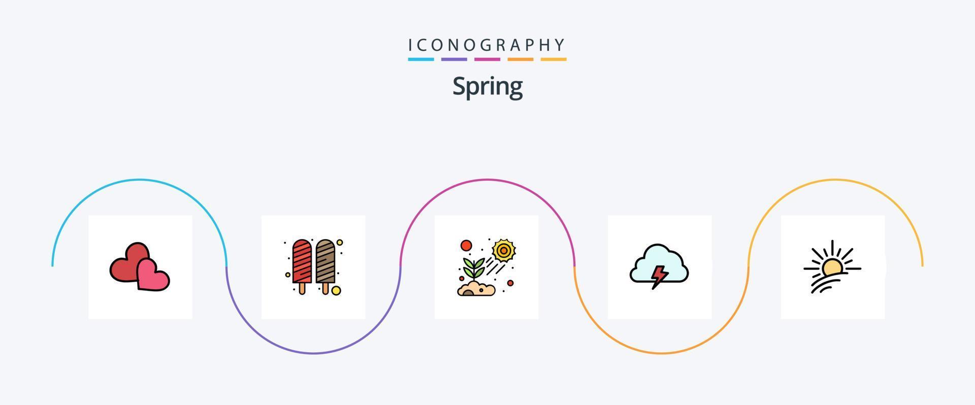 paquete de iconos de 5 planos llenos de línea de primavera que incluye sol. naturaleza. lámina. nube. creciente vector