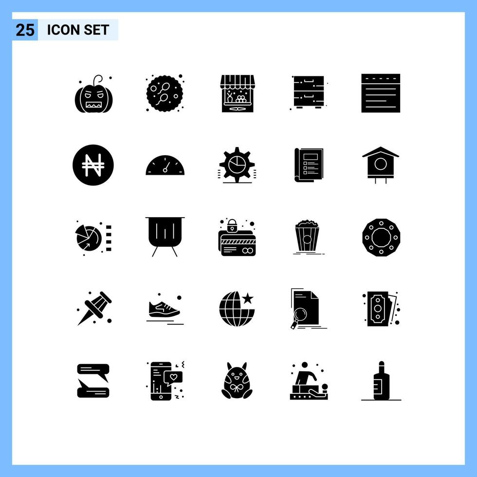 User Interface Pack of 25 Basic Solid Glyphs of web furniture agriculture drawer cabinet Editable Vector Design Elements