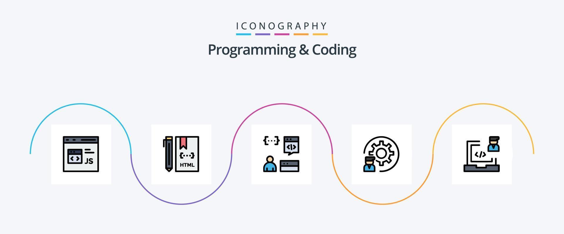 Programming And Coding Line Filled Flat 5 Icon Pack Including development. coding. development. programmer. develop vector