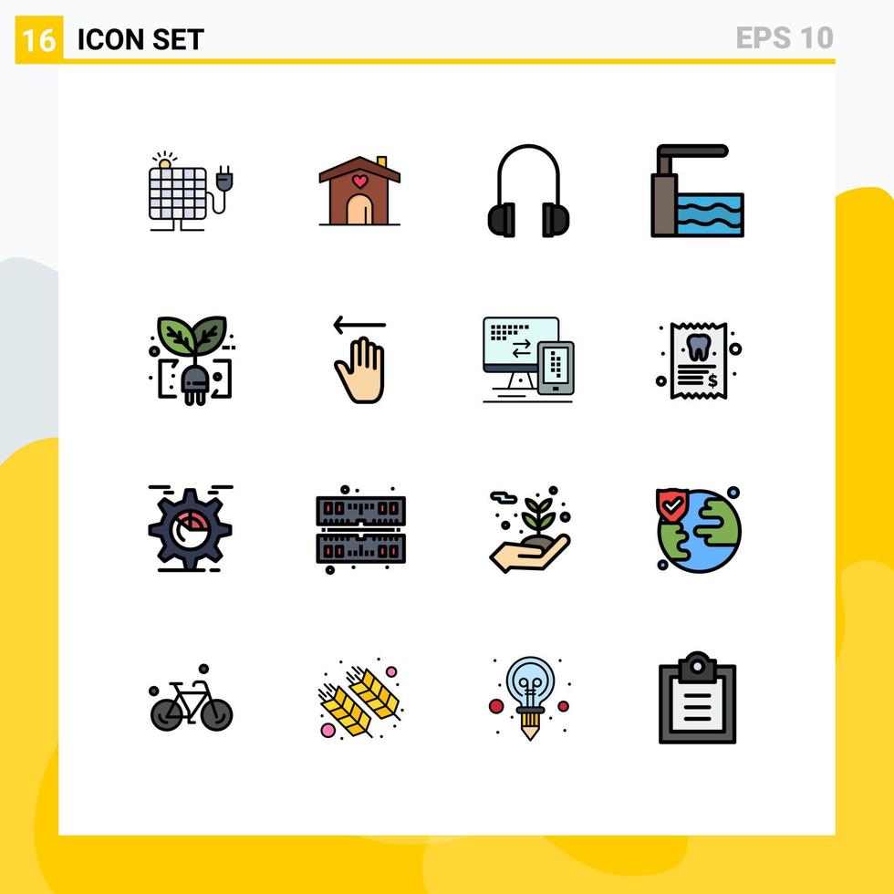 User Interface Pack of 16 Basic Flat Color Filled Lines of plug green headphones ecology springboard Editable Creative Vector Design Elements