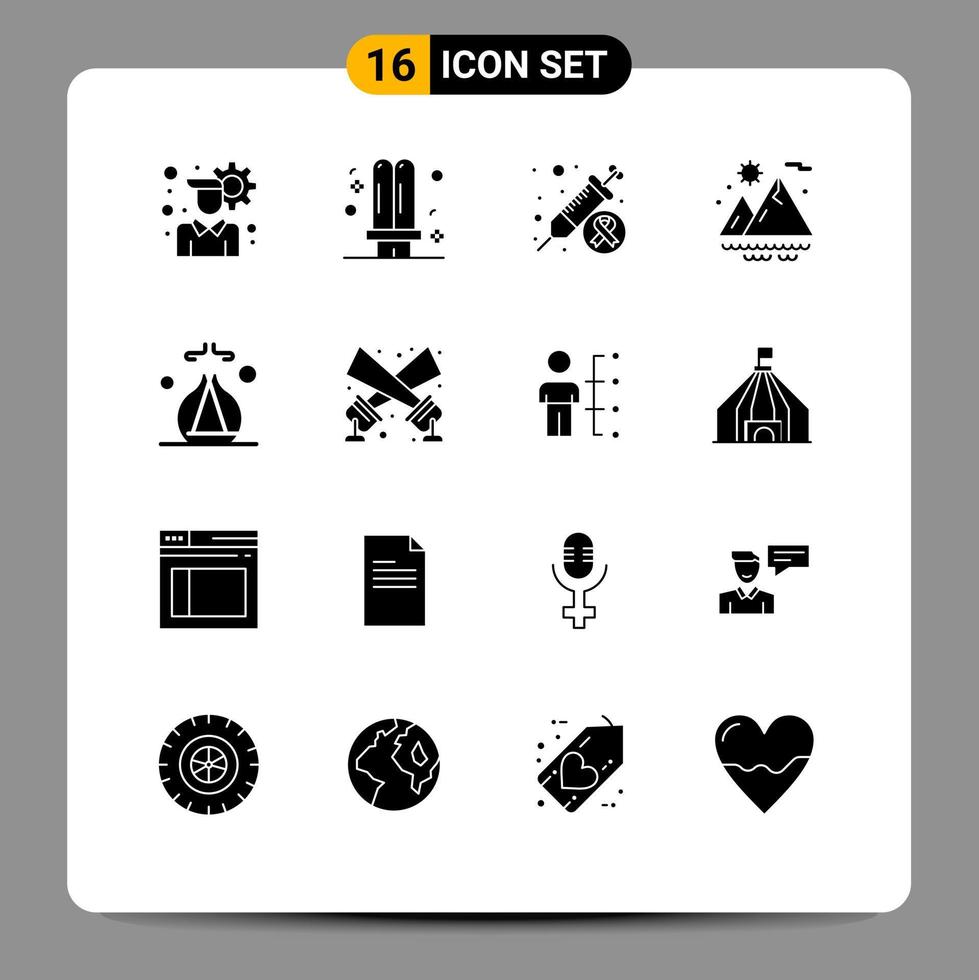 16 User Interface Solid Glyph Pack of modern Signs and Symbols of spa incense cancer sun mountains Editable Vector Design Elements