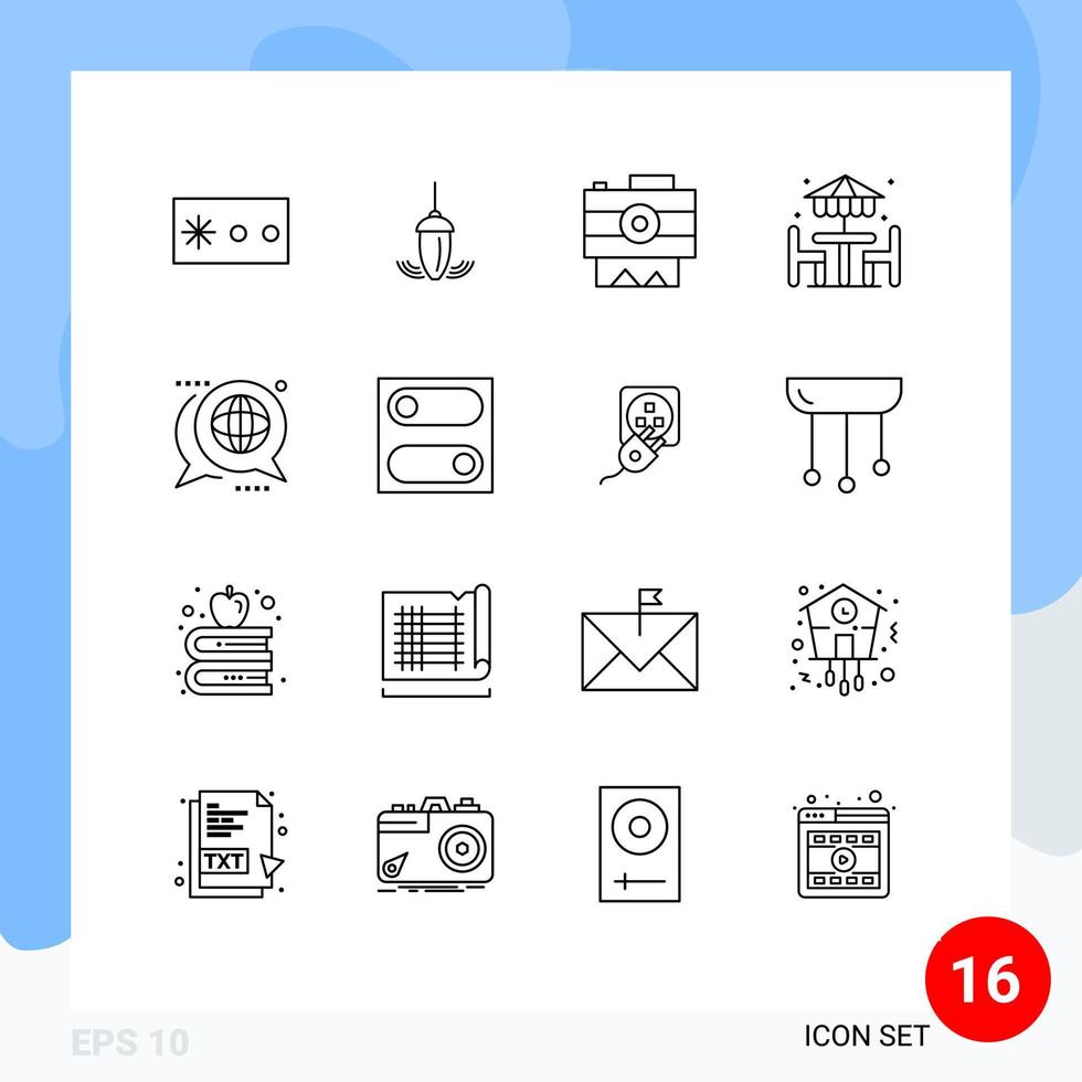 Group of 16 Outlines Signs and Symbols for discussion furniture camera dinner beach Editable Vector Design Elements