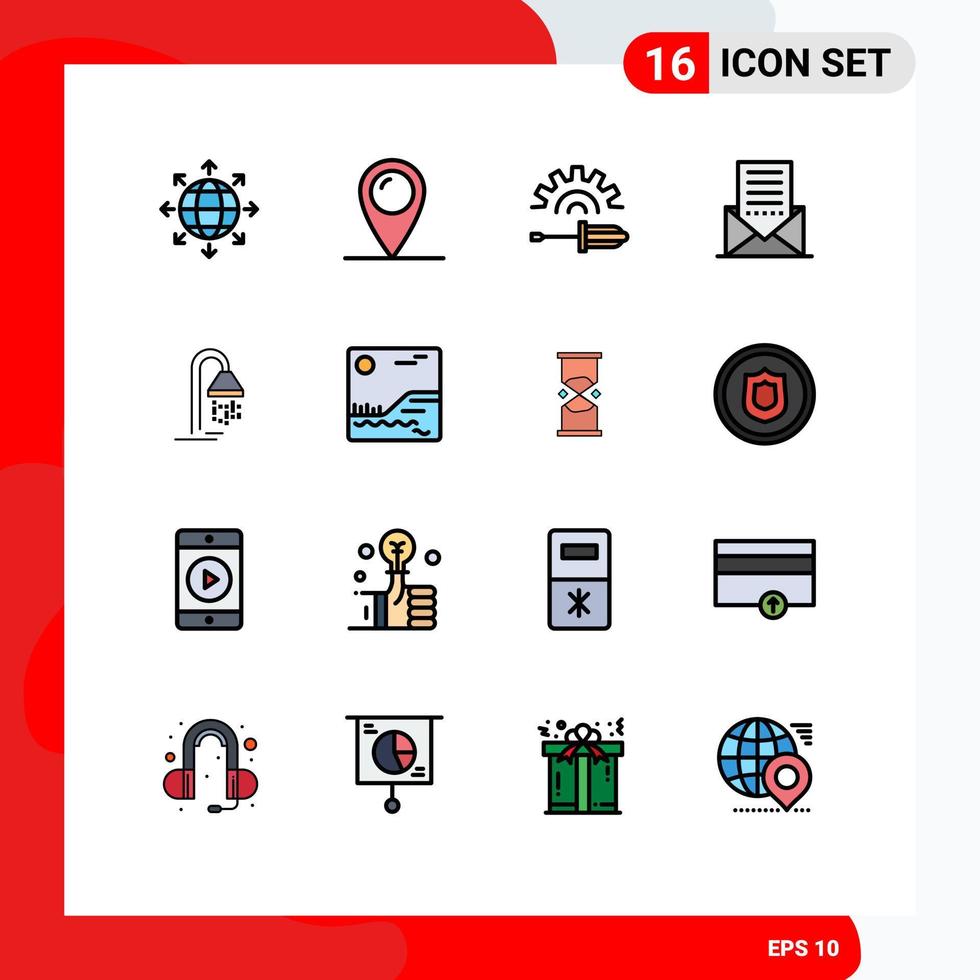 Modern Set of 16 Flat Color Filled Lines Pictograph of bathroom interface screw driver envelope communication Editable Creative Vector Design Elements