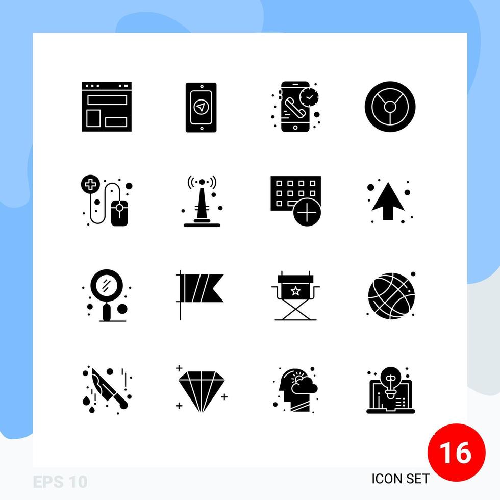 Group of 16 Modern Solid Glyphs Set for pharmacist online call mechanics time Editable Vector Design Elements