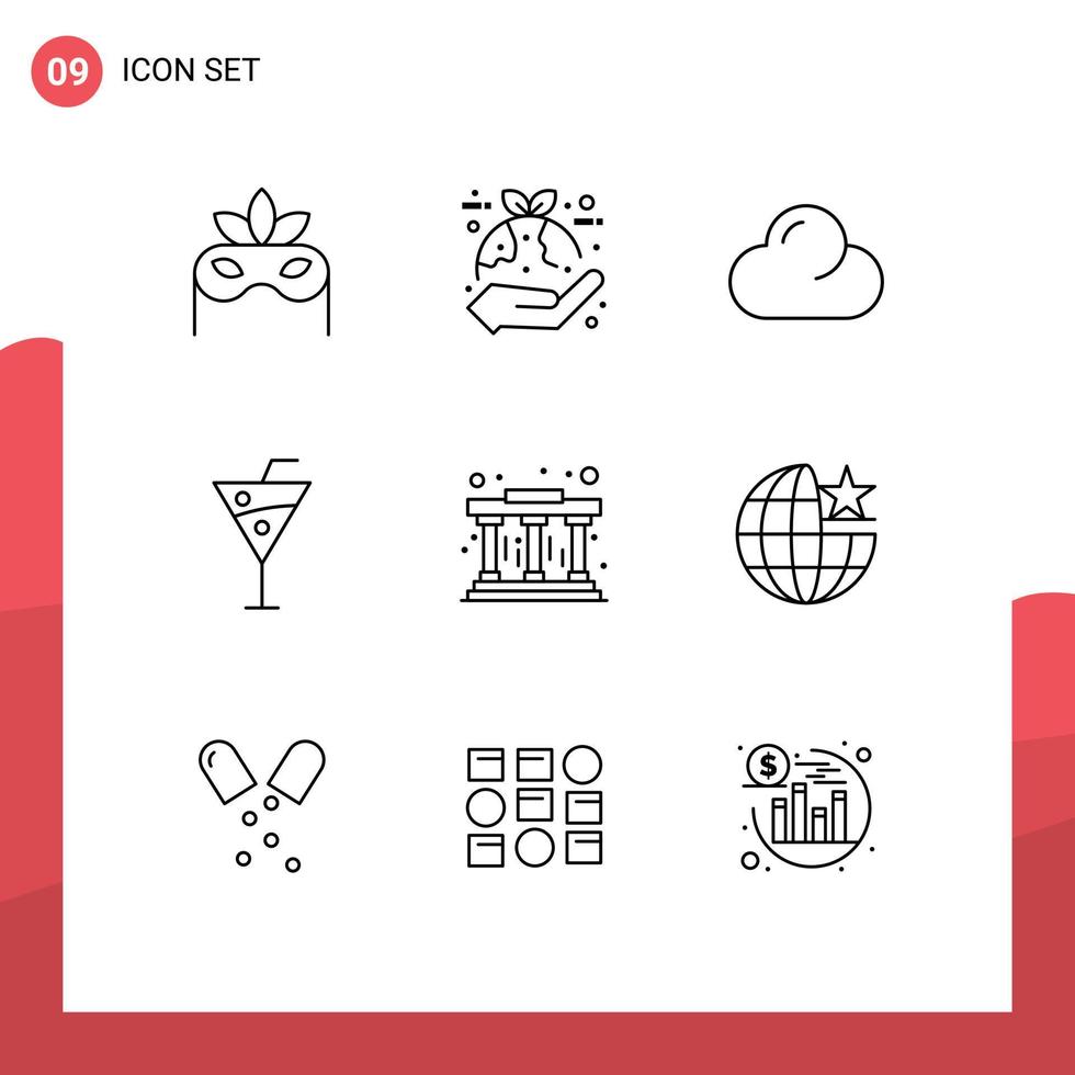 User Interface Pack of 9 Basic Outlines of learning museum cloud drinks beach drinks Editable Vector Design Elements