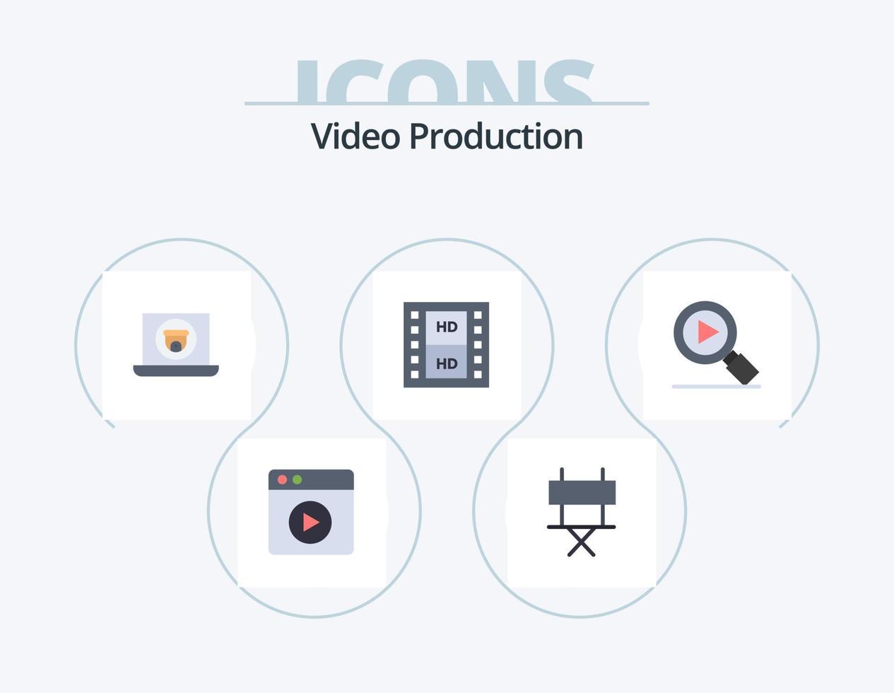 diseño de iconos de paquete de iconos planos de producción de video 5. video. investigar. ordenador portátil. multimedia. medios de comunicación vector