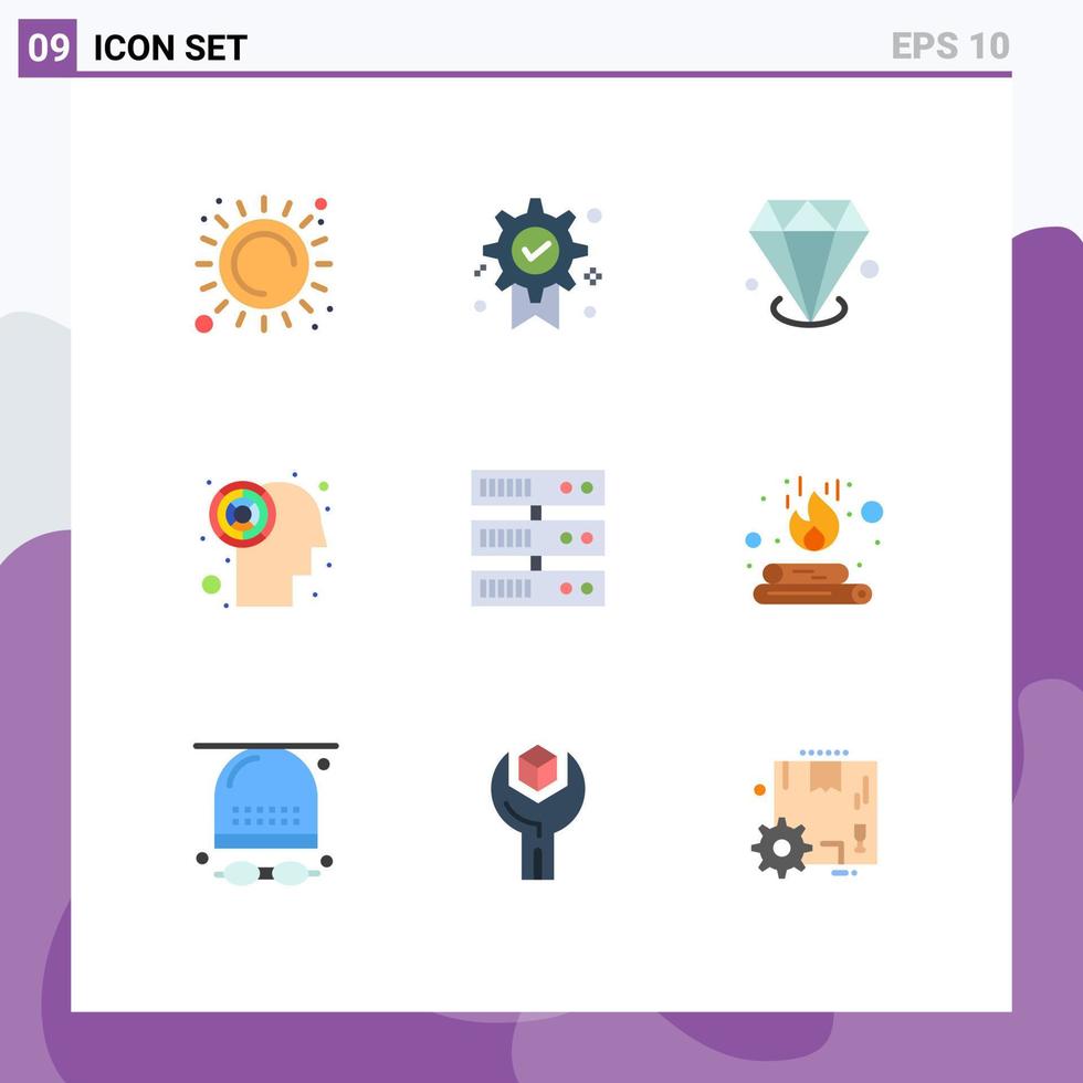 Pictogram Set of 9 Simple Flat Colors of server backup diamonf brain labyrinth Editable Vector Design Elements