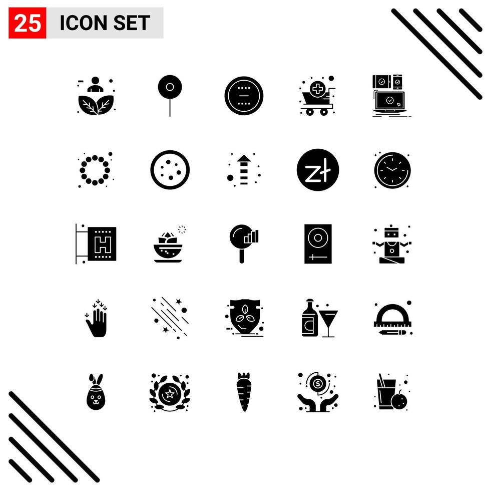 Mobile Interface Solid Glyph Set of 25 Pictograms of computer pharmacy cancel medical minus Editable Vector Design Elements