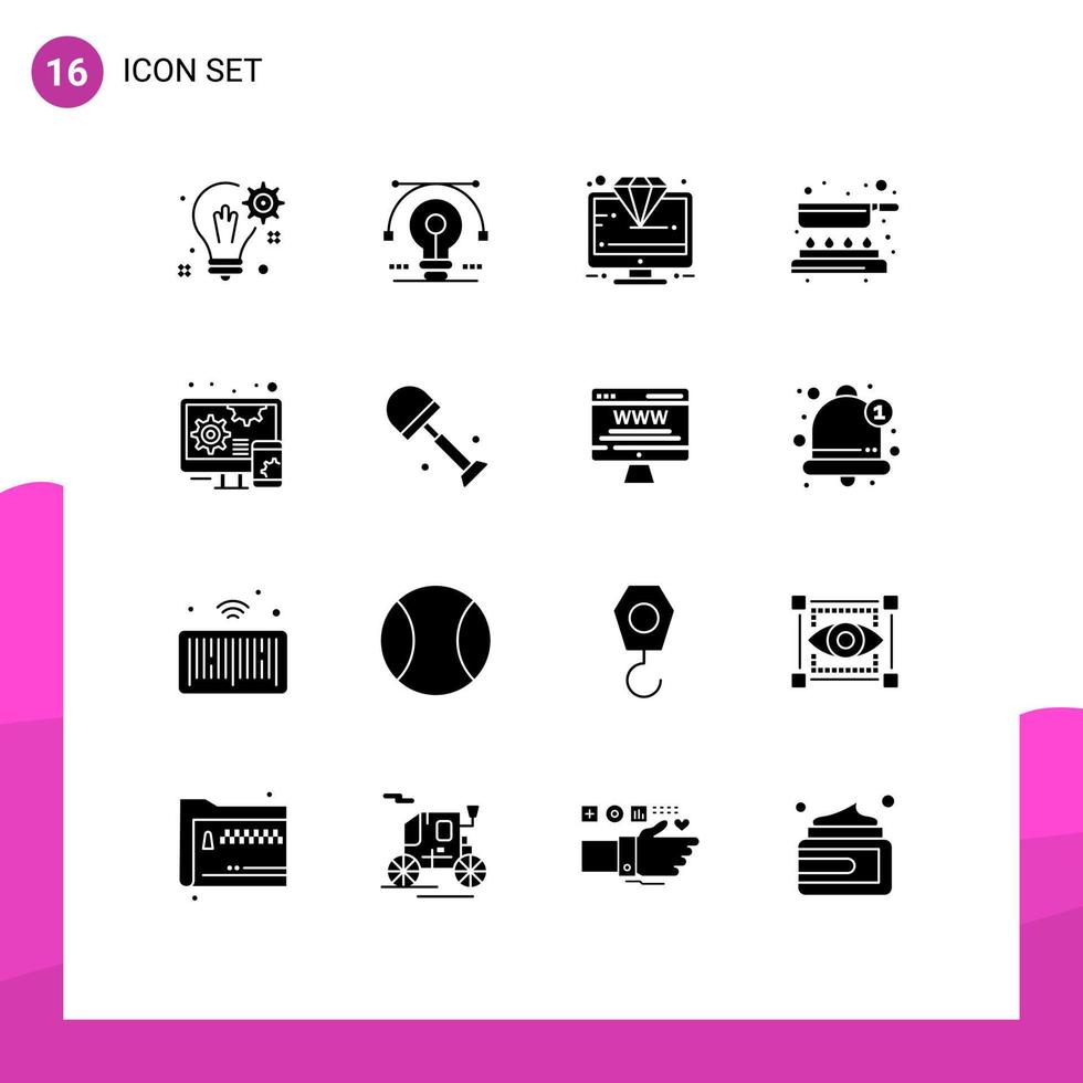 paquete de 16 signos y símbolos de glifos sólidos modernos para medios de impresión web como pan cook vector seo monitor elementos de diseño vectorial editables