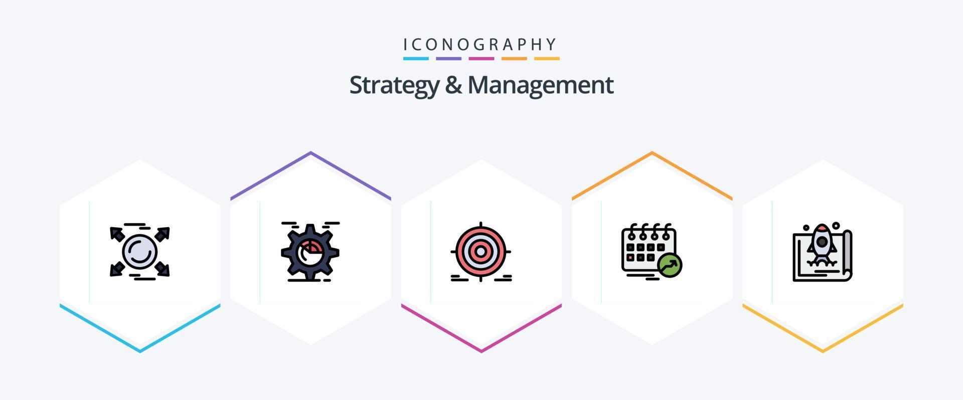 Strategy And Management 25 FilledLine icon pack including schedule. calendar. cog. appointment. goal vector