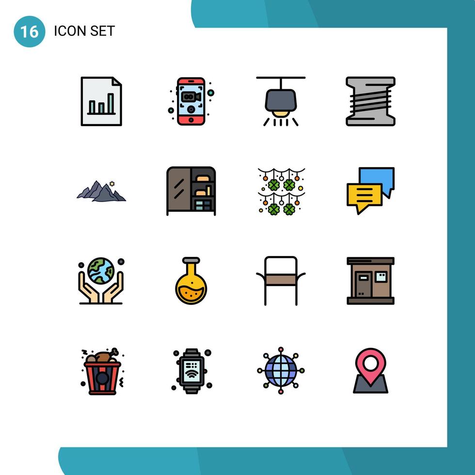 Set of 16 Modern UI Icons Symbols Signs for sun hill lamp landscape thread Editable Creative Vector Design Elements