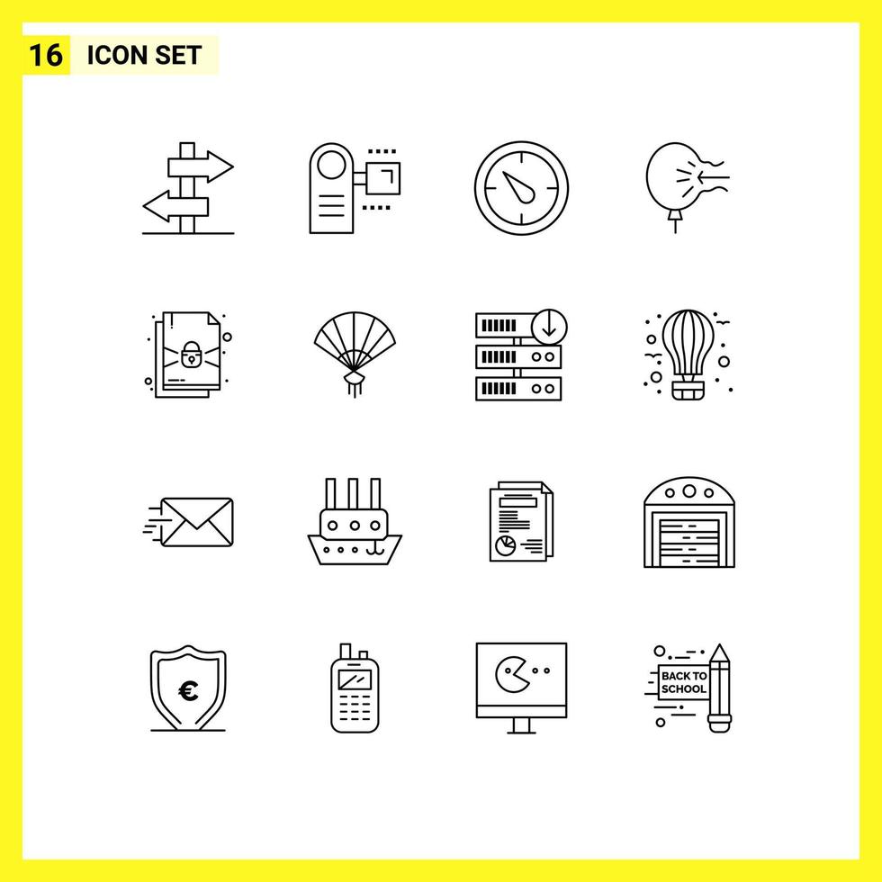 16 Universal Outlines Set for Web and Mobile Applications lock stress stopwatch relief balloon Editable Vector Design Elements
