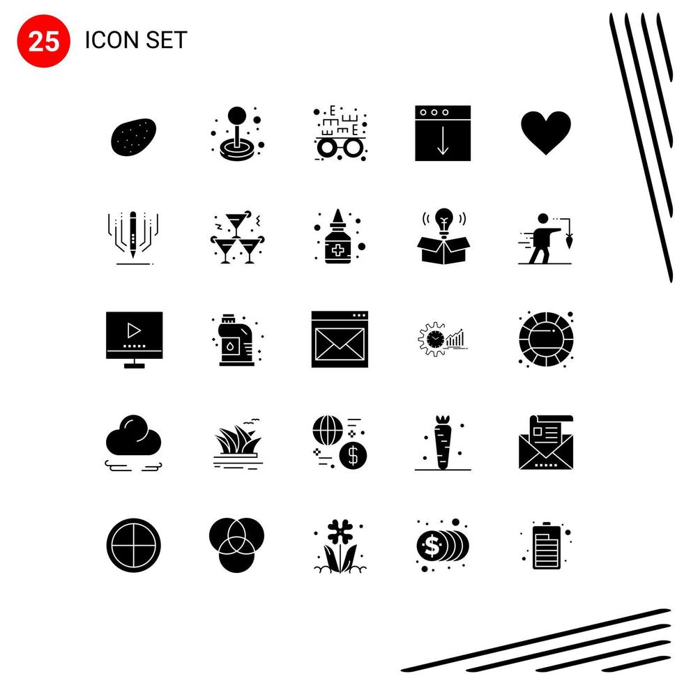 Mobile Interface Solid Glyph Set of 25 Pictograms of digital art sign optical heart mac Editable Vector Design Elements
