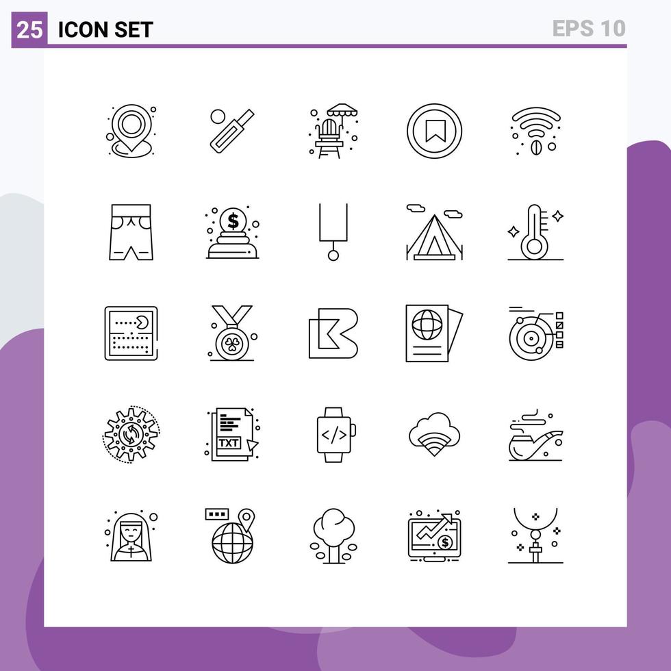 User Interface Pack of 25 Basic Lines of cafe tag cricket plus park Editable Vector Design Elements