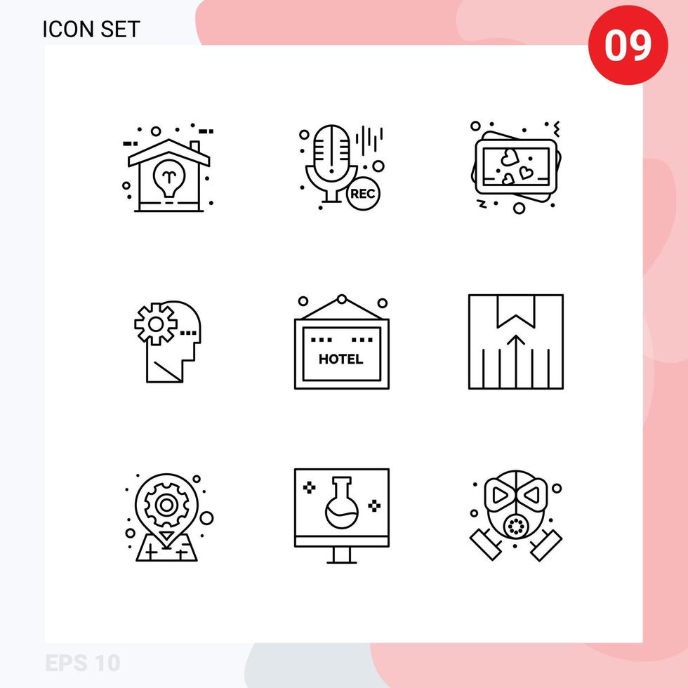 Pack of 9 creative Outlines of travel hotel love mind process Editable Vector Design Elements