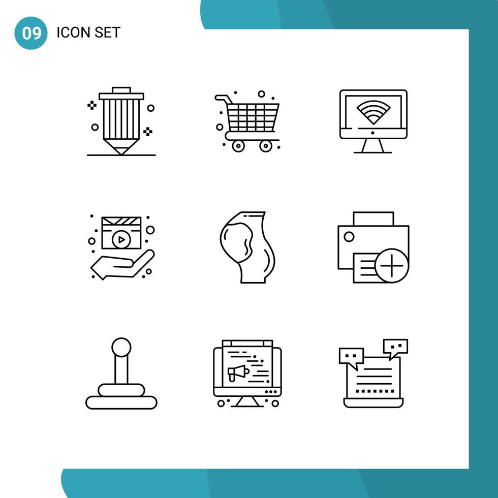 Universal Icon Symbols Group of 9 Modern Outlines of pregnancy media player computer hands director Editable Vector Design Elements