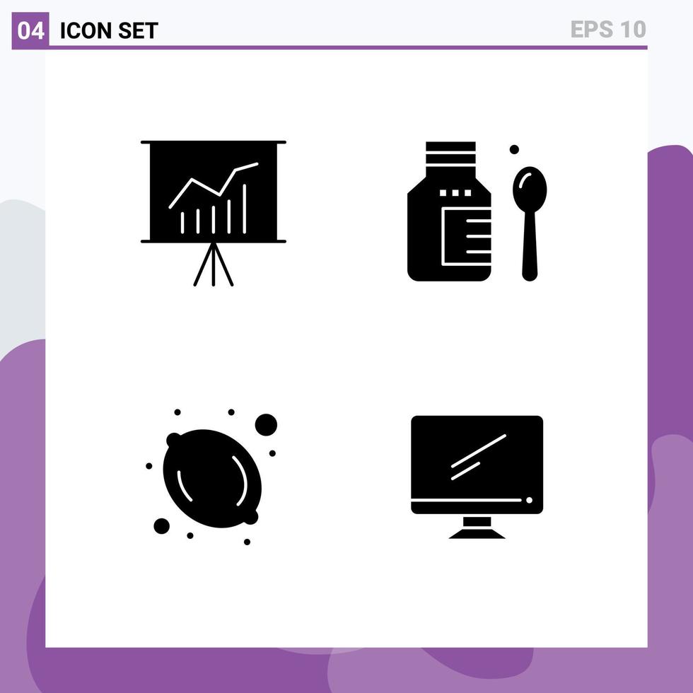 Group of 4 Solid Glyphs Signs and Symbols for lecture lemon presentation medical monitor Editable Vector Design Elements