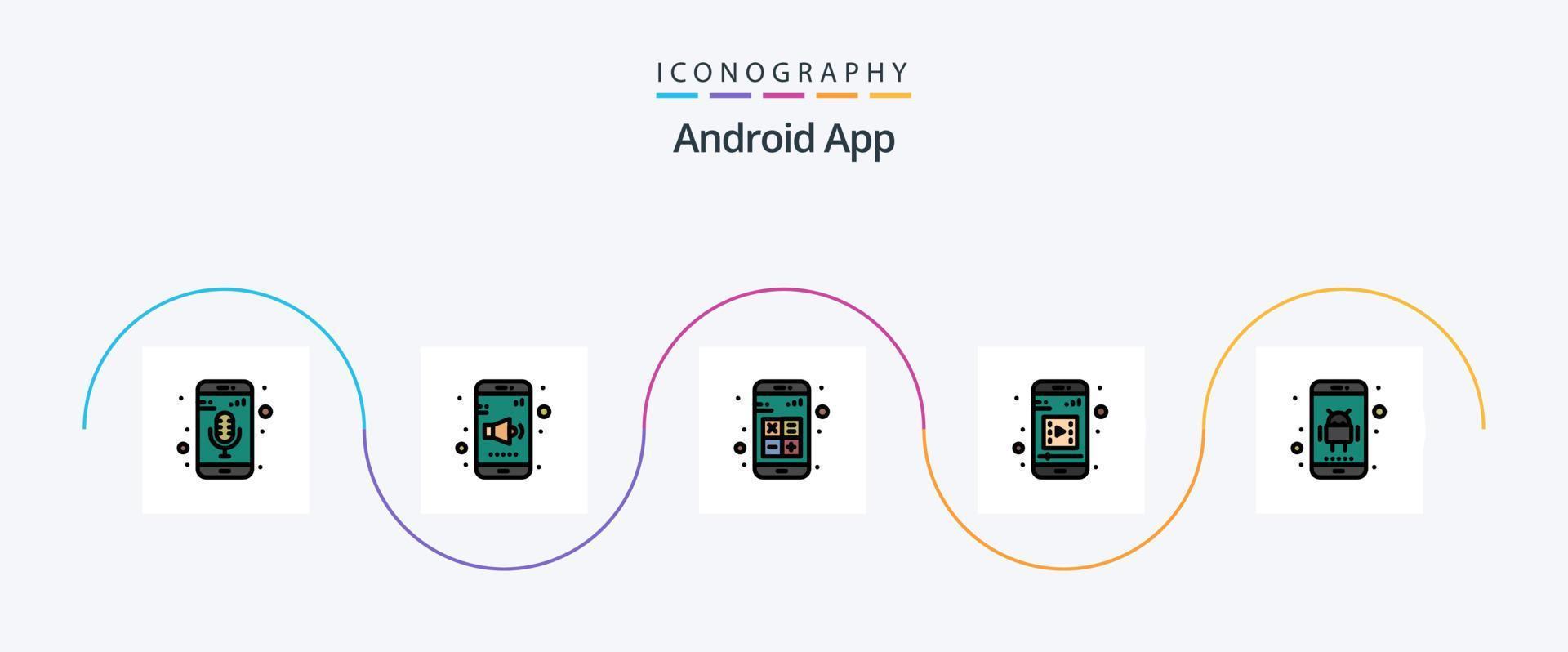 La línea de la aplicación de Android llenó el paquete de iconos Flat 5 que incluye la aplicación. vídeo móvil agregar. medios móviles. interacción vector