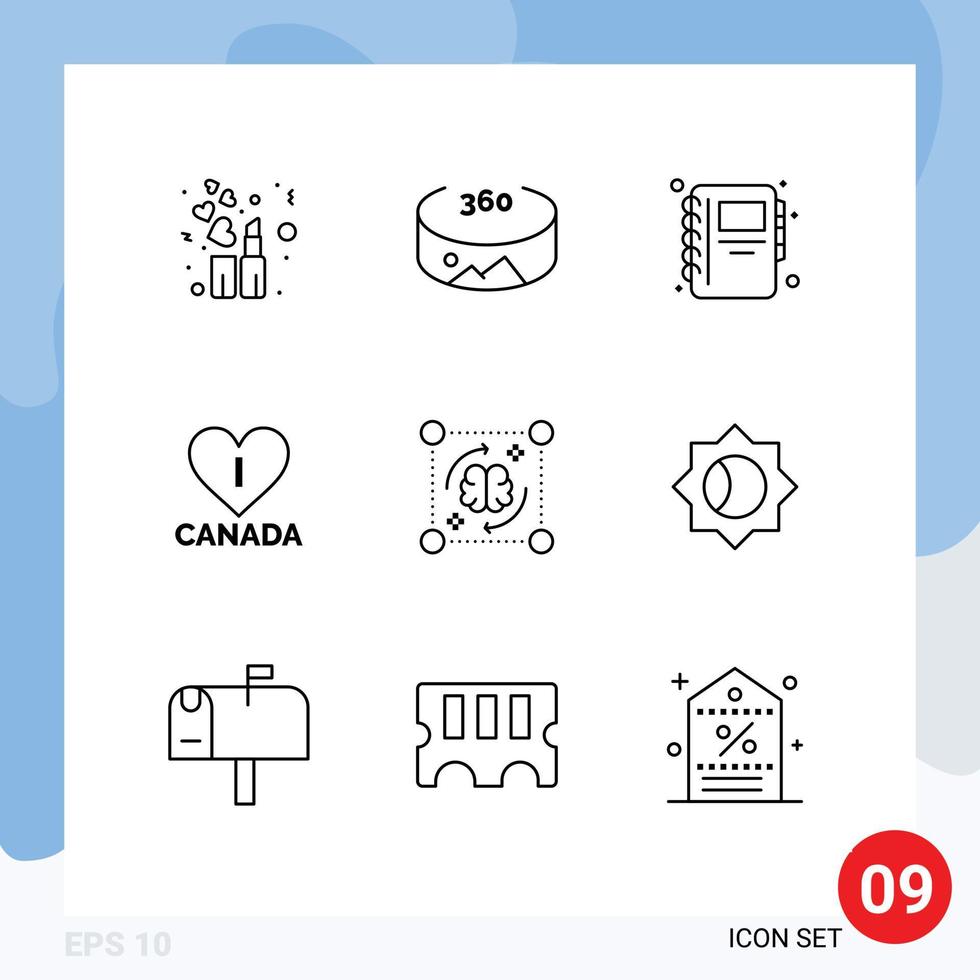 Modern Set of 9 Outlines Pictograph of setting storming love brain process Editable Vector Design Elements