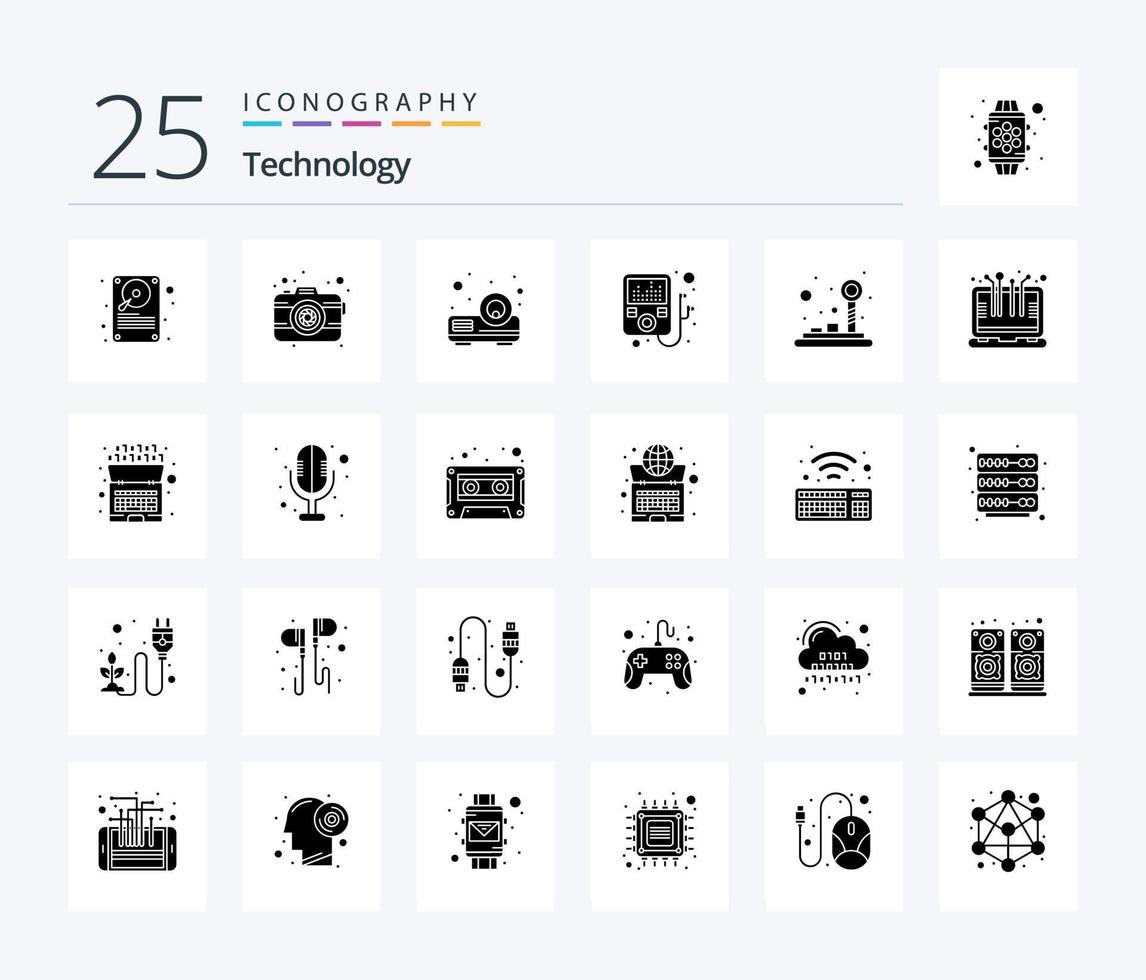 tecnología paquete de iconos de 25 glifos sólidos que incluye tecnología inteligente. juego. proyector Almohadilla de control. jugador mp vector