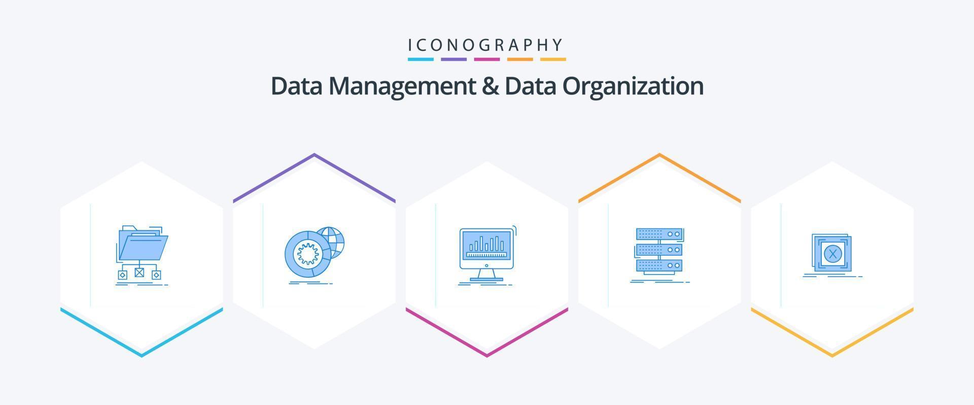 Data Management And Data Organization 25 Blue icon pack including rack. server. globe. stats. dashboard vector